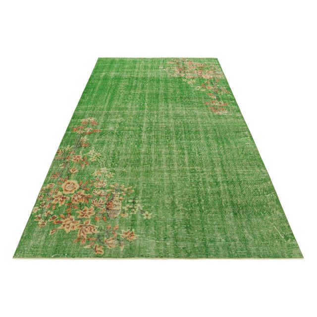 1960s Vintage Art Deco Rug in Green With Beige-Brown Floral Patterns | Rug & Kilim For Sale - Image 5 of 7