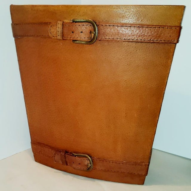 Rustic Vintage Leather Trashcan/Wastebasket With Leather Belted Straps For Sale - Image 4 of 4