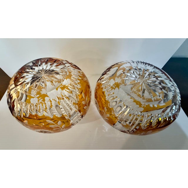 Pair of Vintage Huta Julia Poland Amber Cut-to-Clear Crystal Orb Bowls For Sale In Phoenix - Image 6 of 12