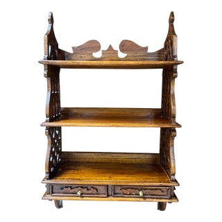 Early 20th Century Vintage Hardwood Chinese-Chippendale Style 3-Tier Curio Wall Shelf With Double Drawers For Sale
