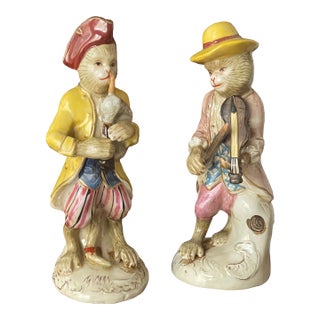 Pair Mid Century Monkey Musicians Ceramic Figurines For Sale