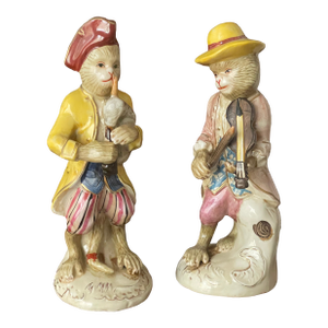 Pair Mid Century Monkey Musicians Ceramic Figurines