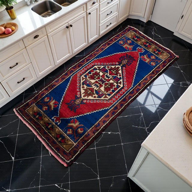 Rustic Vintage Small Rug Hand Made Mat Turkish Rug Enrty Decor Bath Mat- 1′8″ × 3′9″ For Sale - Image 3 of 13