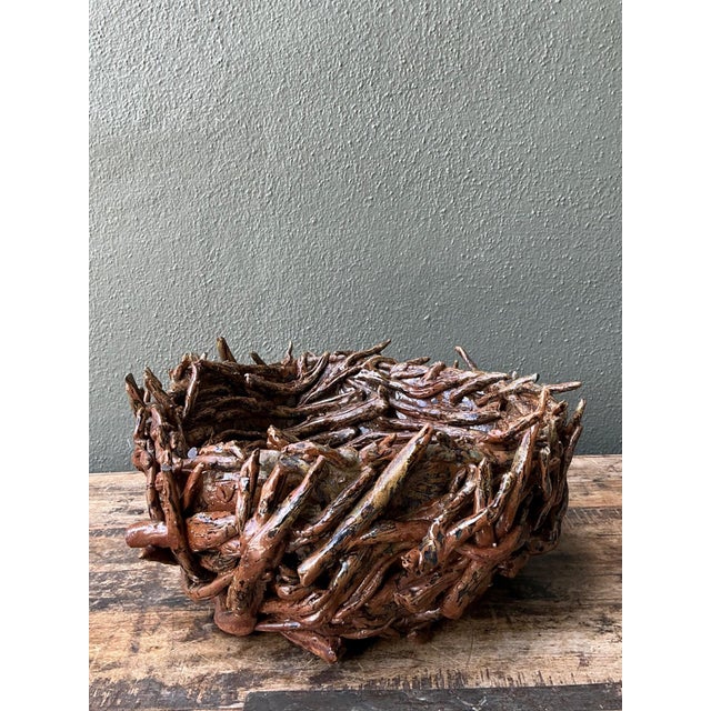 Vintage Rustic Brown Ceramic Twig Bowl For Sale In West Palm - Image 6 of 13