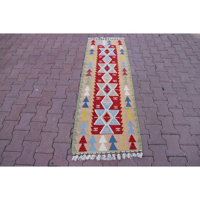 1960s Southwestern Style Hand Knotted Geometric Design Oushak Kilim Runner Rug For Sale - Image 11 of 11