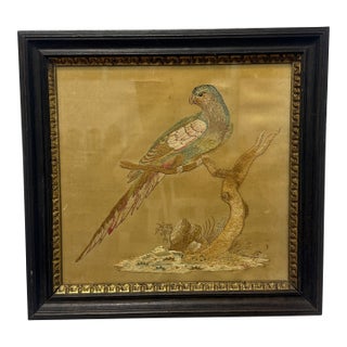 19th Century Continental Silk Embroidery of a Resting Parrot For Sale
