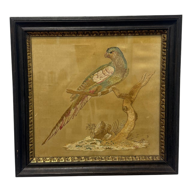 19th Century Continental Silk Embroidery of a Resting Parrot For Sale