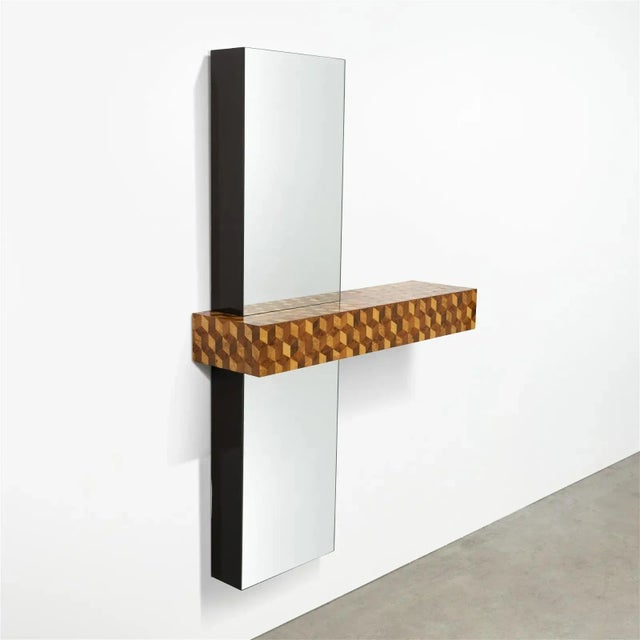 Paul Evans Console and Mirror, Mid Century Modern. A rare model PE 881 marquetry inlaid mirror and console by Paul Evans....