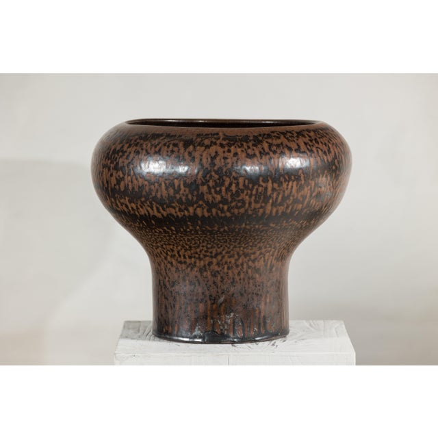 Large Artisan Ceramic Vase with Wide Mouth and Speckled Brown Glaze For Sale In New York - Image 6 of 18