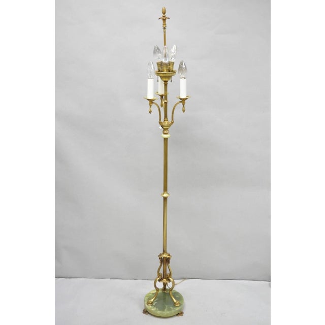 Antique Art Deco Brass & Green Onyx Paw Foot Victorian Pole Floor Lamp For Sale - Image 15 of 15