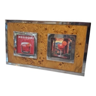 Vintage Burl Wood & Chrome Double Photo Frame For Sale