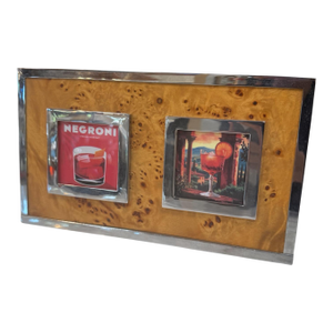 Vintage Burl Wood & Chrome Double Photo Frame