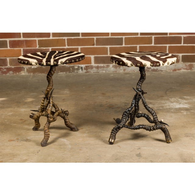 Early 21st Century Zebra Skin Circular Top Side Tables with Horn Bases, Two Sold Each For Sale - Image 5 of 12