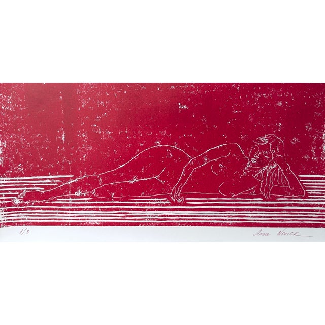 Contemporary “Nude on the Sofa” Original Hand-Pulled Linocut Nude Figure Limited Edition of 3 Art by Anna Novick. Hand Signed and Numbered 1/3 For Sale - Image 3 of 9