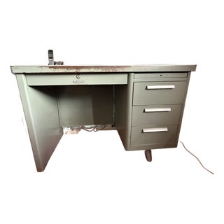 Mid-Century Vintage Steelmaster Seafoam Green Industrial Steel Tanker Desk For Sale