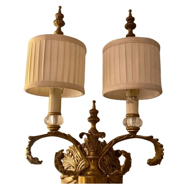 Biedemeier Style Torchiere Two Light Brass Sconce with Shades The wiring maybe original and might need replacement....