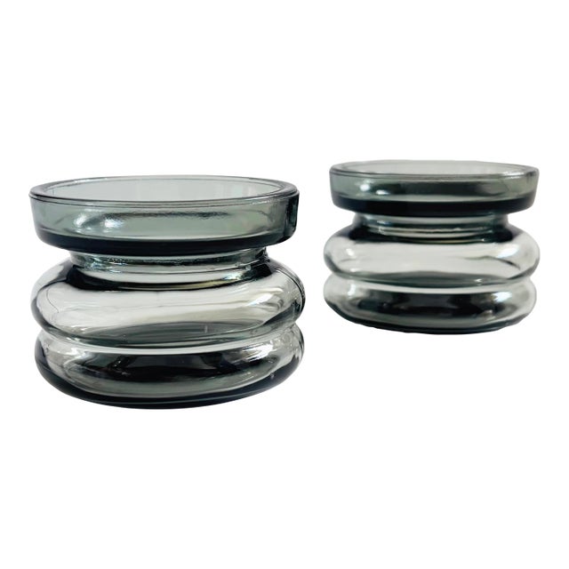 MCM Gray Hooped Glass Candle Holders by Cascade, England - Set of 2 For Sale