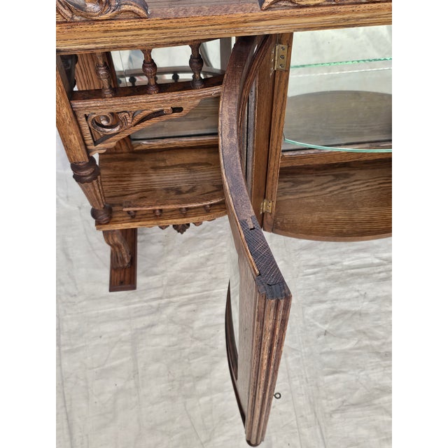 Antique 1890s Tiger Oak Over Mantel With Bowed Glass Cabinet & Beveled Mirrors For Sale - Image 14 of 17