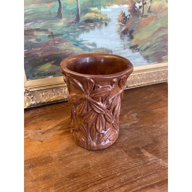 Vintage Red Wing Pottery Brown Glazed Floral Relief Vase For Sale - Image 10 of 10