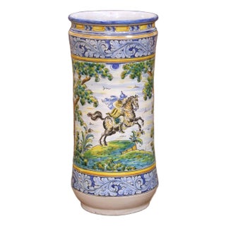 Mid-Century Italian Hand-Painted Majolica Umbrella Stand With Hunt Scene For Sale