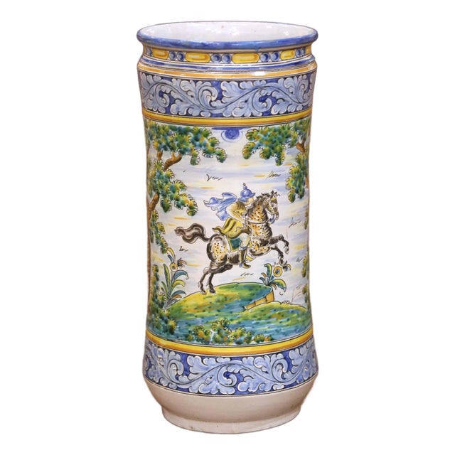 Mid-Century Italian Hand-Painted Majolica Umbrella Stand With Hunt Scene For Sale