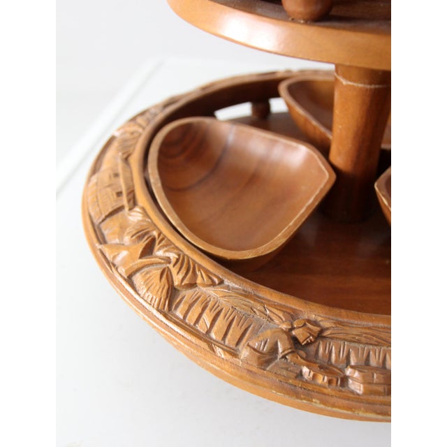 Vintage Mid-Century Carved Wood Tiered Lazy Susan With Pineapple Finial For Sale - Image 6 of 17