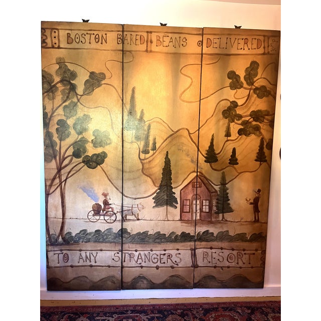Wood Three Paneled Painted Screen by Artist Kevin Paulsen, Boston Baked Beans Delivered For Sale - Image 7 of 8