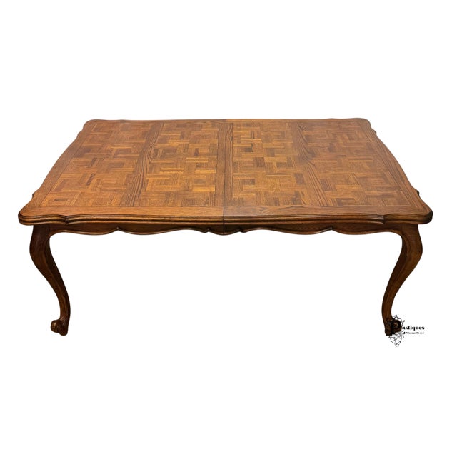 Wood Vintage Century French Country Style Oak Parquet Extension Dining Table For Sale - Image 7 of 12