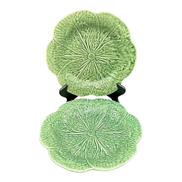 Vintage Bordallo Pinheiro Majolica Green Cabbage Dinner Plate 12 Inch - Set of 2 For Sale