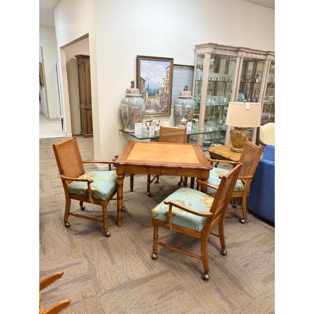 Mahjong, card, game table with interchangeable chessboard, backgammon and wood inlay table top. Faux bamboo legs with 4...