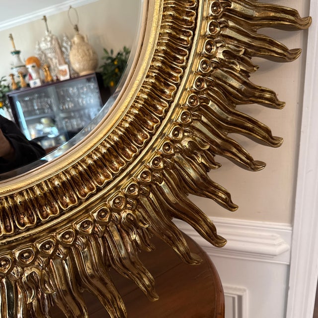 Gold Vintage 1970s Gilded Gold Sunburst Wall Mirror – Hollywood Regency / MCM Accent For Sale - Image 8 of 10