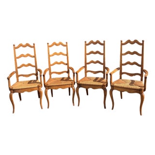 Vintage French Country Ladder Back Rush Seats Armchairs, Set of 4 For Sale