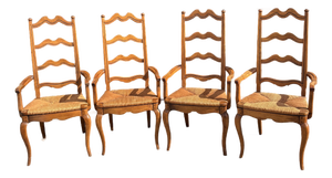 Vintage French Country Ladder Back Rush Seats Armchairs, Set of 4
