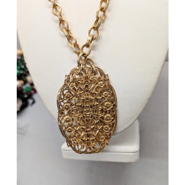 Mid-Century Modern Vintage 1960s Signed Napier Goldtone Cabochon Faux-Turquoise Pendant Necklace For Sale - Image 3 of 10