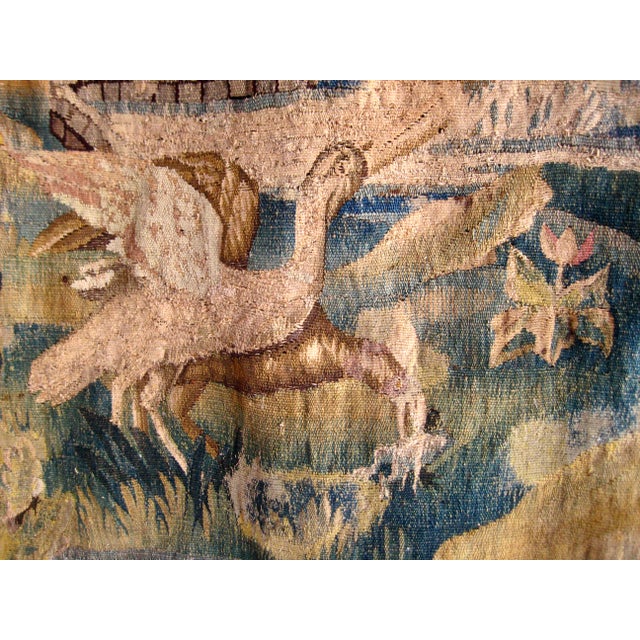 Flemish Verdure Tapestry Two Herons Eating a Frog , Fantasized Giraffe and Boat , Circa 1700 For Sale - Image 10 of 18