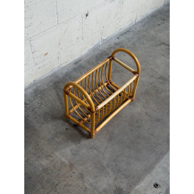 Wood Vintage Rattan Magazine Rack Newspaper Holder Boho Wicker Mid Century Stand For Sale - Image 7 of 10