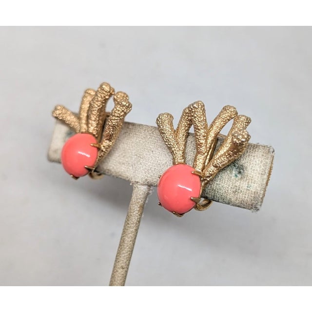 Mid-Century Modern Vintage 1960s Signed Napier Goldtone Cabochon Faux-Coral Clip Earrings- 2 Pieces For Sale - Image 3 of 8