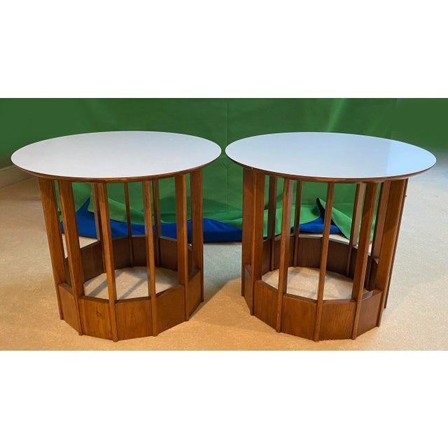 Beautiful mid-century side tables (pair) With white tops. Open ribbed sides and knife edge top.