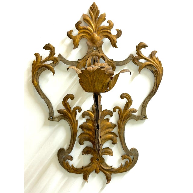 Large Pair Venetian Gilt & Polychromed Tole Candle Sconces Italy, circa 1890s For Sale - Image 4 of 18