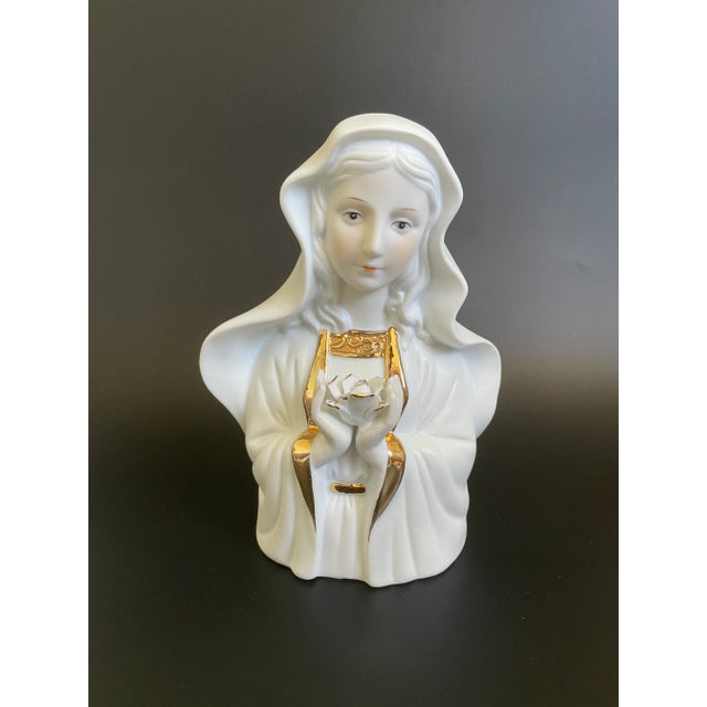 Vintage Gold Gild Bisque Porcelain Madonna Virgin Mary Holding Rose Bust Figurine For Sale - Image 13 of 13
