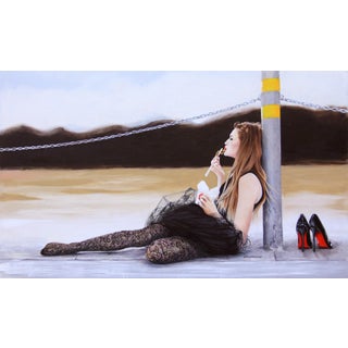 No Reservations by Anna Hammer | New Media Woman eating takeout while sitting by a pole. For Sale