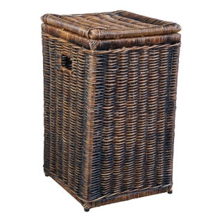 Vintage Boho Chic Wicker Rattan Laundry Hamper Basket Handles For Sale
