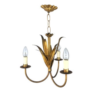 French Midcentury Maison Jansen Bagues Style 3-Light Gilt Metal Leaf Chandelier For Sale