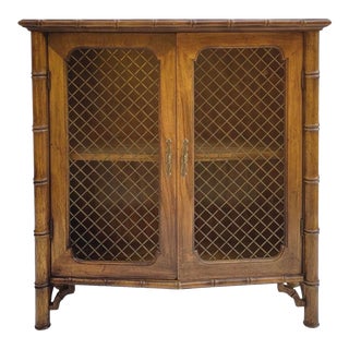 French Style Faux Bamboo Fruitwood Bookcase Cabinet With Wire Doors For Sale