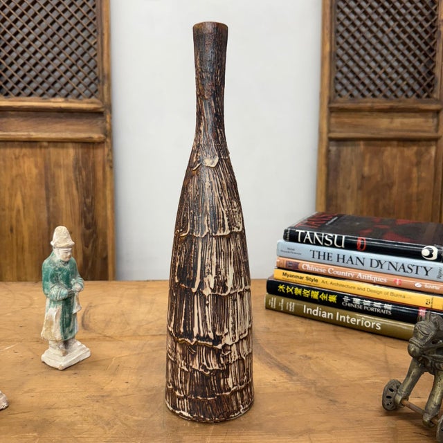 Ceramic Wood Brown & White Bottle Shaped Ceramic Vase For Sale - Image 7 of 11