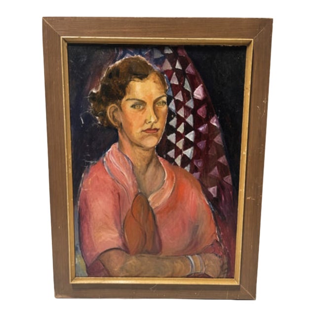 Mid-Century Oil Portrait of a Woman in Coral Blouse For Sale