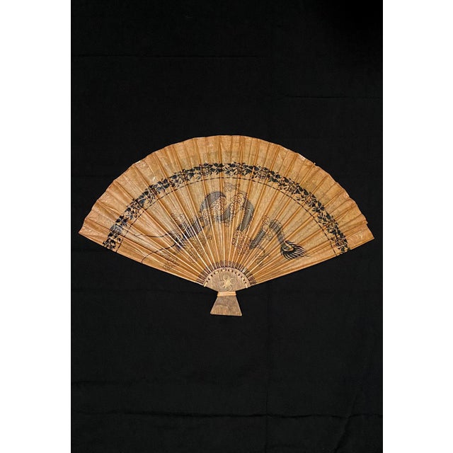 Chinoiserie Large Pair Vintage Chinese Dragon Wall Fans 37"l X 23"h - Set of 2 Hand Painted Bamboo Fan | Oriental Decor For Sale - Image 3 of 17
