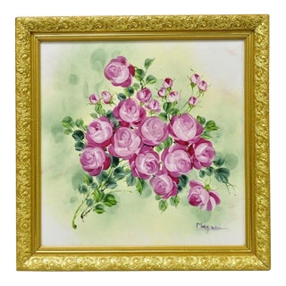 Late 20th Century Mary Wilson French Hand Painted Porcelain Plaque Pink Rose Flower Painting (A) For Sale