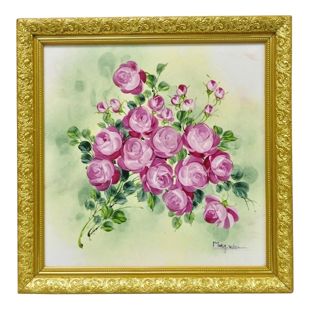 Late 20th Century Mary Wilson French Hand Painted Porcelain Plaque Pink Rose Flower Painting (A) For Sale