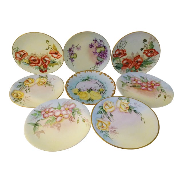 Vintage Hand-Painted Floral Porcelain Plates, Set of 8 For Sale
